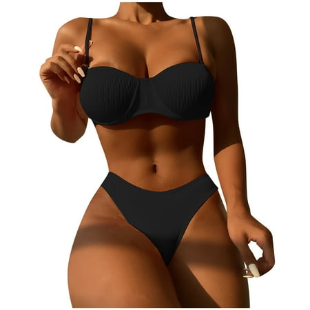 Women s 2 Piece Lettuce Trim Thong Bikini Set Swimsuit and Cover Up Beach Skirt 1111