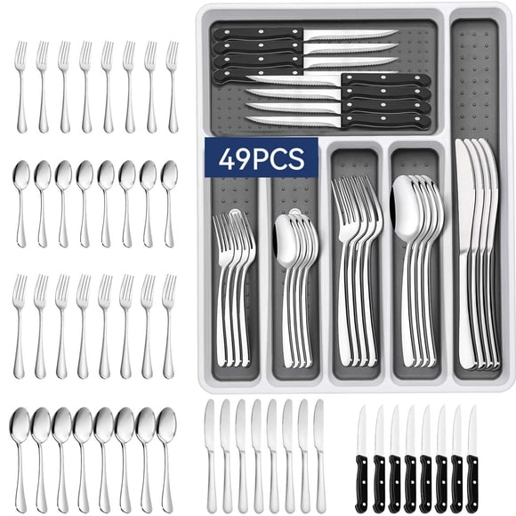 48+1 PCS Juego De Cubiertos con Organizador de Cubiertos,Cubiertos De Acero Inoxidable 8 Personas,Porta Cubiertos De Cocina,con Cuchillos para Carne,Cucharas,Resistente Al Óxido,Apto Para L