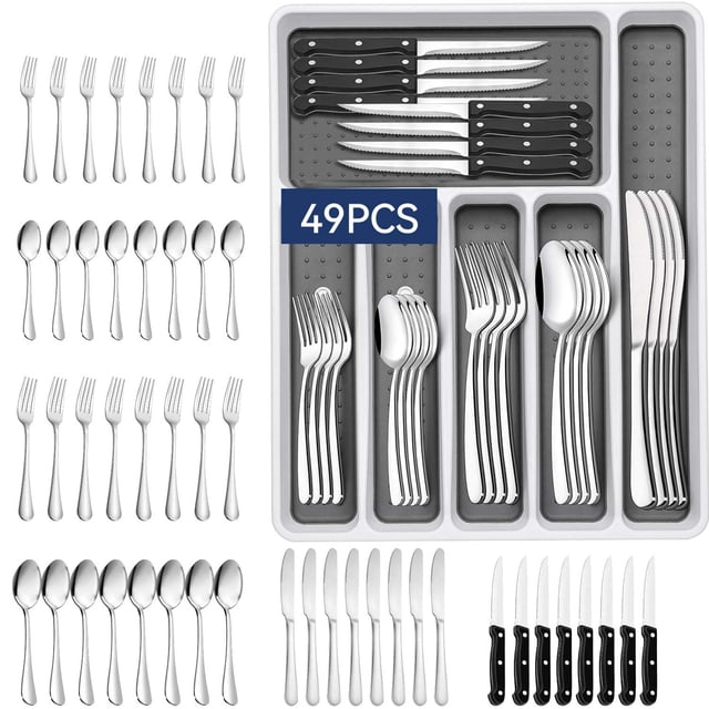 48+1 PCS Juego De Cubiertos con Organizador de Cubiertos,Cubiertos De Acero Inoxidable 8 Personas,Porta Cubiertos De Cocina,con Cuchillos para Carne,Cucharas,Resistente Al Óxido,Apto Para L