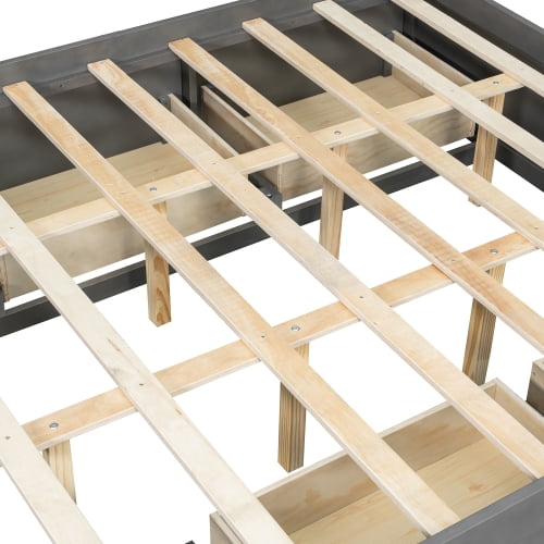 Queen Size Platform Bed Frame with 4 Storage Drawers and Footboard Storage Cubby, No Headboard Design Solid Wood Platform for Bedroom, Gray