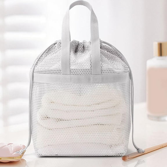 Tote Bag,Gray Drawstring Tote Bag with Top Handle,Breathable Mesh Multi-Purpose Storage Pouch for Beach,Gym,Travel and Laundry