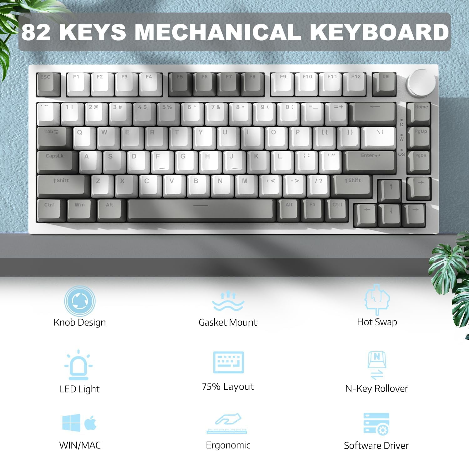 AJAZZ AK820 Mechanical Keyboard with CNC Knob Control, 75% ANSI Layout, 81Keys Gasket Mount Wired Gaming Keyboard, 5 Sound Absorbing Foam Hot-swap for PC, MAC
