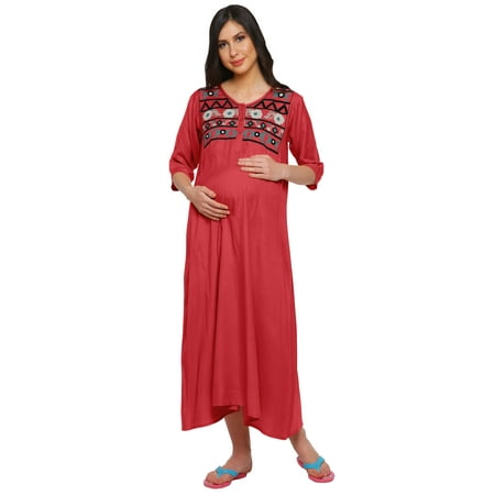 

Moomaya Womens Embroidered Long Maxi Maternity Button Placket Rayon Slub Dress