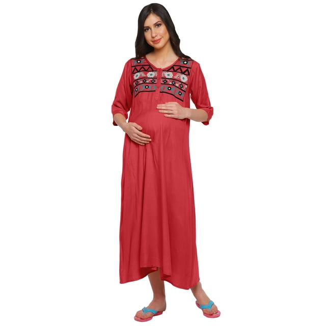Moomaya Womens Embroidered Long Maxi Maternity Button Placket Rayon Slub Dress