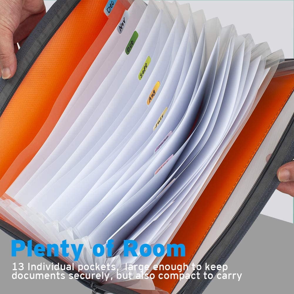 13 Pocket Expanding File Folder with Sticky Labels, Accordion File Folder Document Organizer Expanding Zip File Folder with Zipper ClosureLetter A4 Paper Document Accordion Folder,
