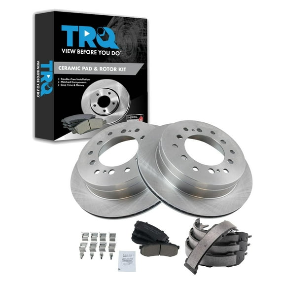 TRQ Rear Brake Pad & Rotor Kit Brake Pads Brake Rotor Parking Brake Shoe Set Ceramic Fits Select 2003-2009 Lexus GX470 Toyota 4Runner 2007-2009 FJ Cruiser 2001-2007 Sequoia