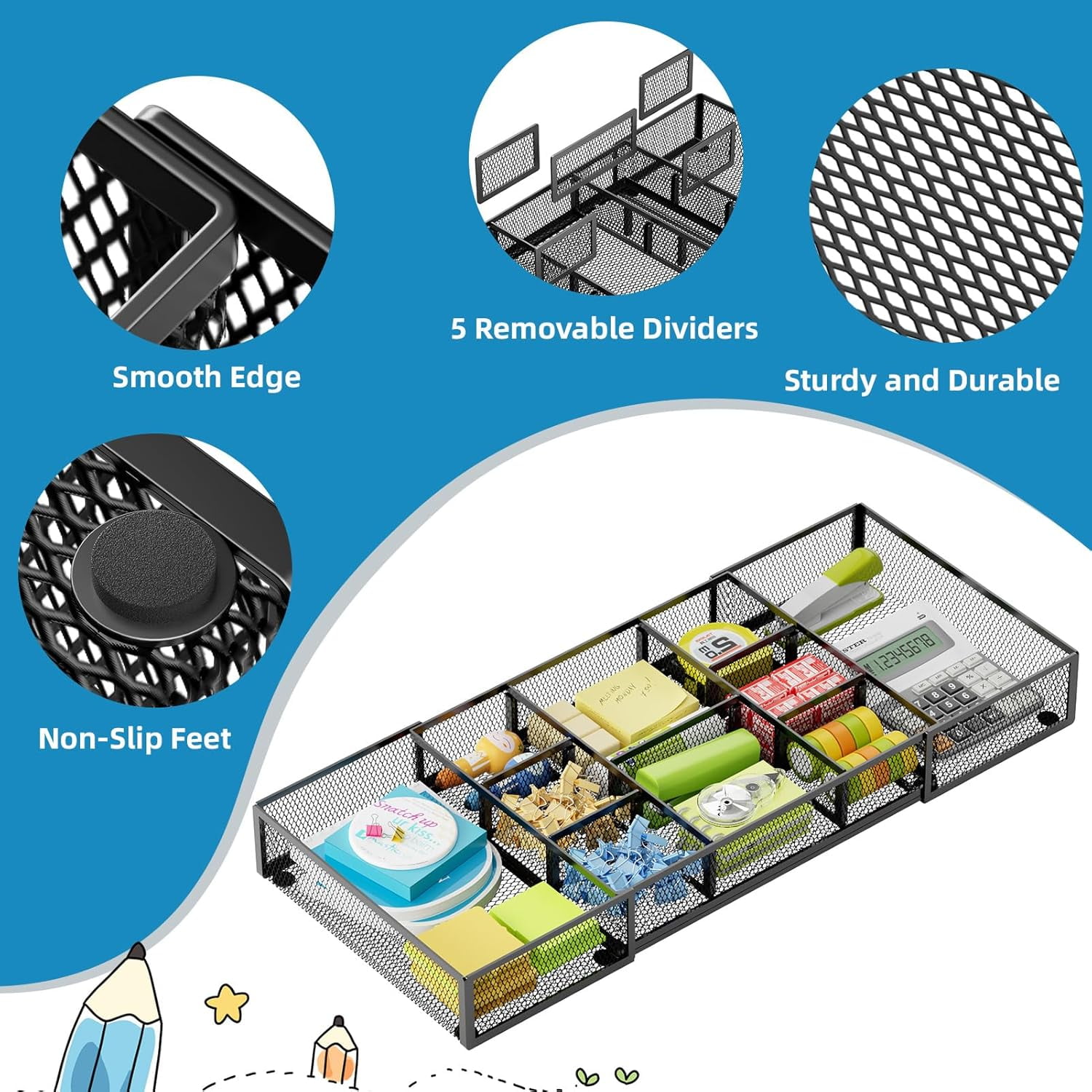 Expandable Desk Drawer Organizer, Mesh Drawer Organizer Tray with 10 Adjustable Compartments, Desk Organizers and Accessories for Office Supplies (Longer Expandable Drawer Organizer-B 2pack)