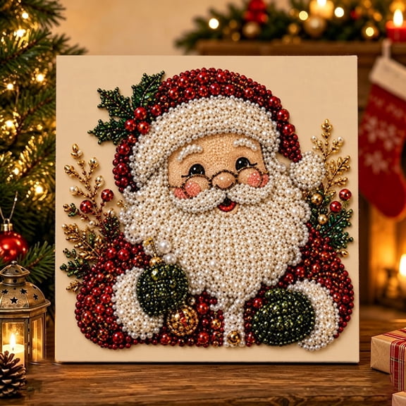 3D Pearl Diamond Painting Kit with Stretched Wooden Frame, DIY Beaded Art Canvas for Adults Kids, Christmas Santa Claus (8x8 in)
