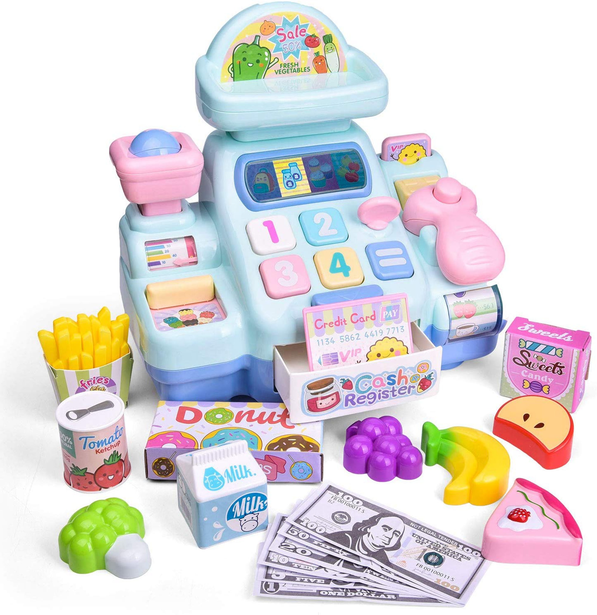 Cash Register for Kids with Electronic Sound Mircophone Scanner Play Money 