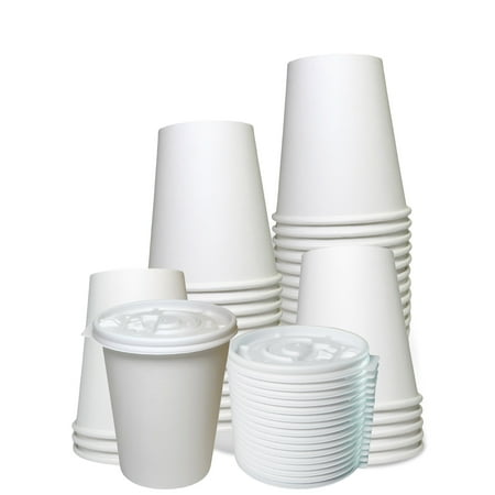 [25 Pack] 8oz Durable Disposable White Paper Cups & White Flat Lids For Hot/Cold Drink Coffee Cups Tea Cocoa Travel Hot Chocolate Chai Chai Latte Hot Cup Office Restaurants Breakrooms