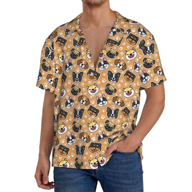 Fotbe Cute Dogs Head Camisa Estampada de Manga Corta para Hombre, Casual de Verano, Estilo Playero, Sin Arrugas-Medium