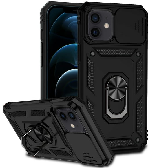 iPhone 12 / 12 Pro Kickstand Armor Case with Slide Camera Lens Protection Cover Built-in 360° Rotate Ring Holder Stand Magnetic Military Shockproof Phone Cover Case for iPhone 12 / 12 Pro,
Black
