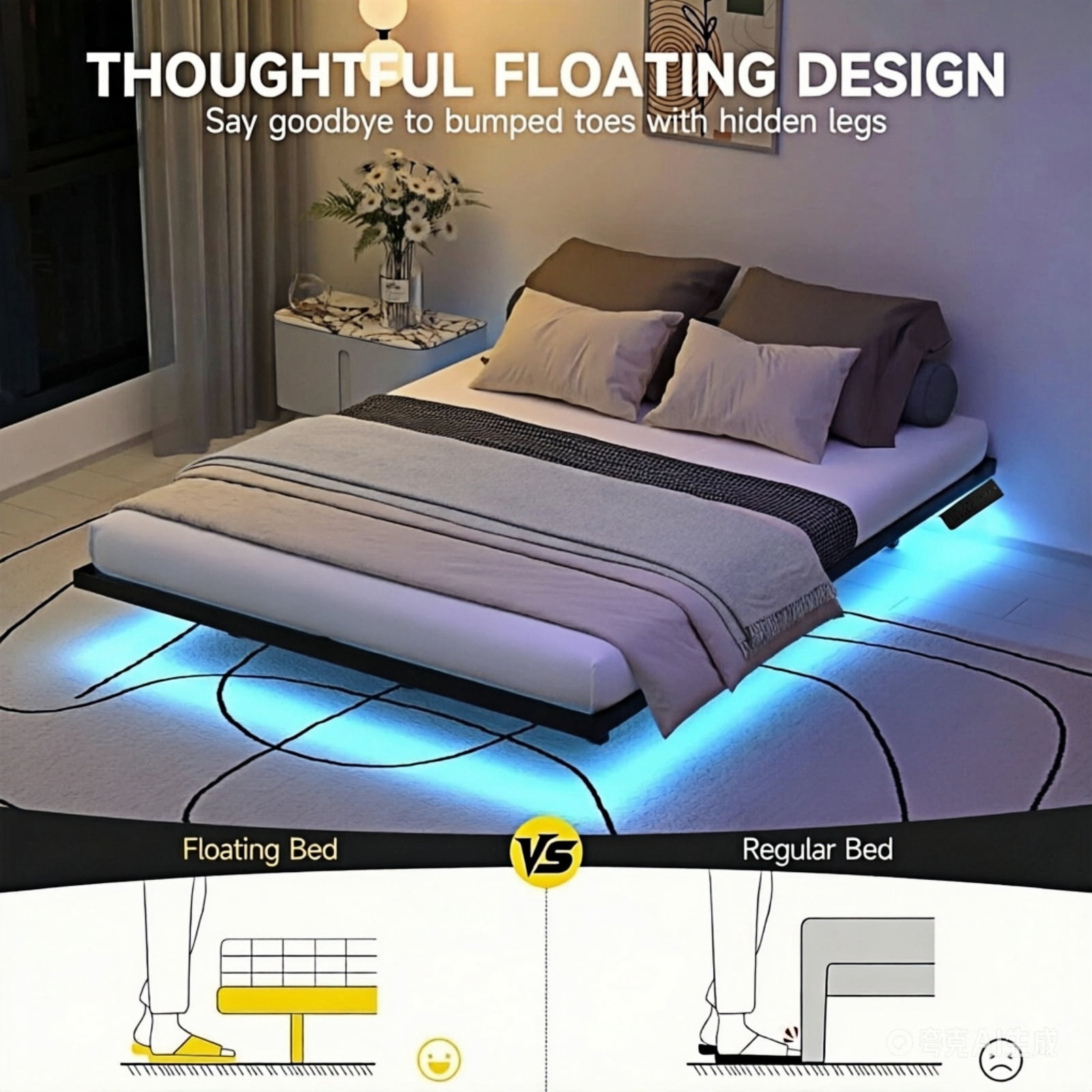 Dayago Full Size Floating Bed Frame with Smart LED Lights and USB Charging Port, Standard Bed Frame