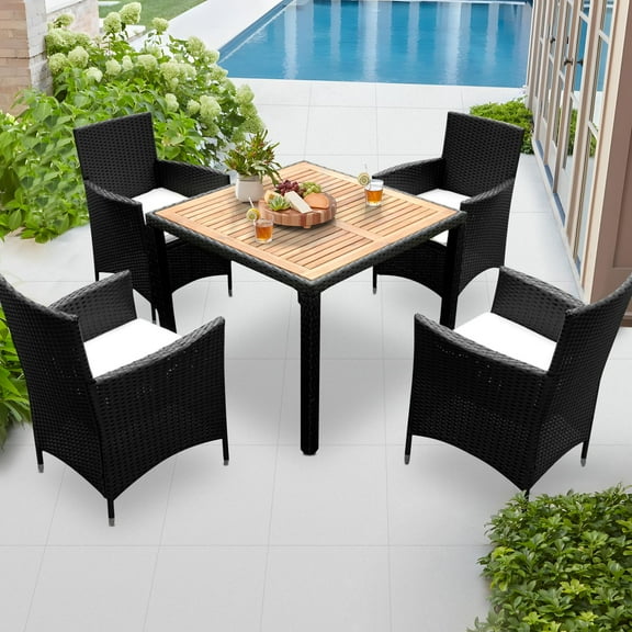 5 PCS Indoor Outdoor Wicker Dining Set Furniture, Patio Rattan Furniture Set with Wood Tabletop and Stackable Armrest Chairs, All Weather Wicker Sectional Conversation Set with Cushions