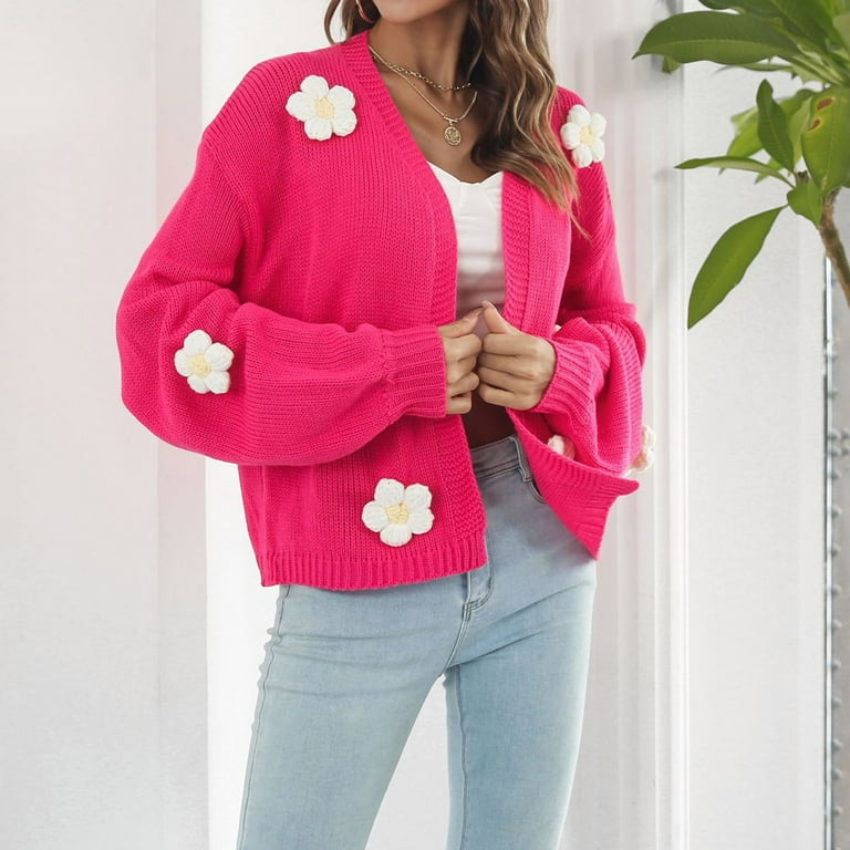 Knit Cardigan Sweater for Women Embroidered Flowers Drop Shoulder