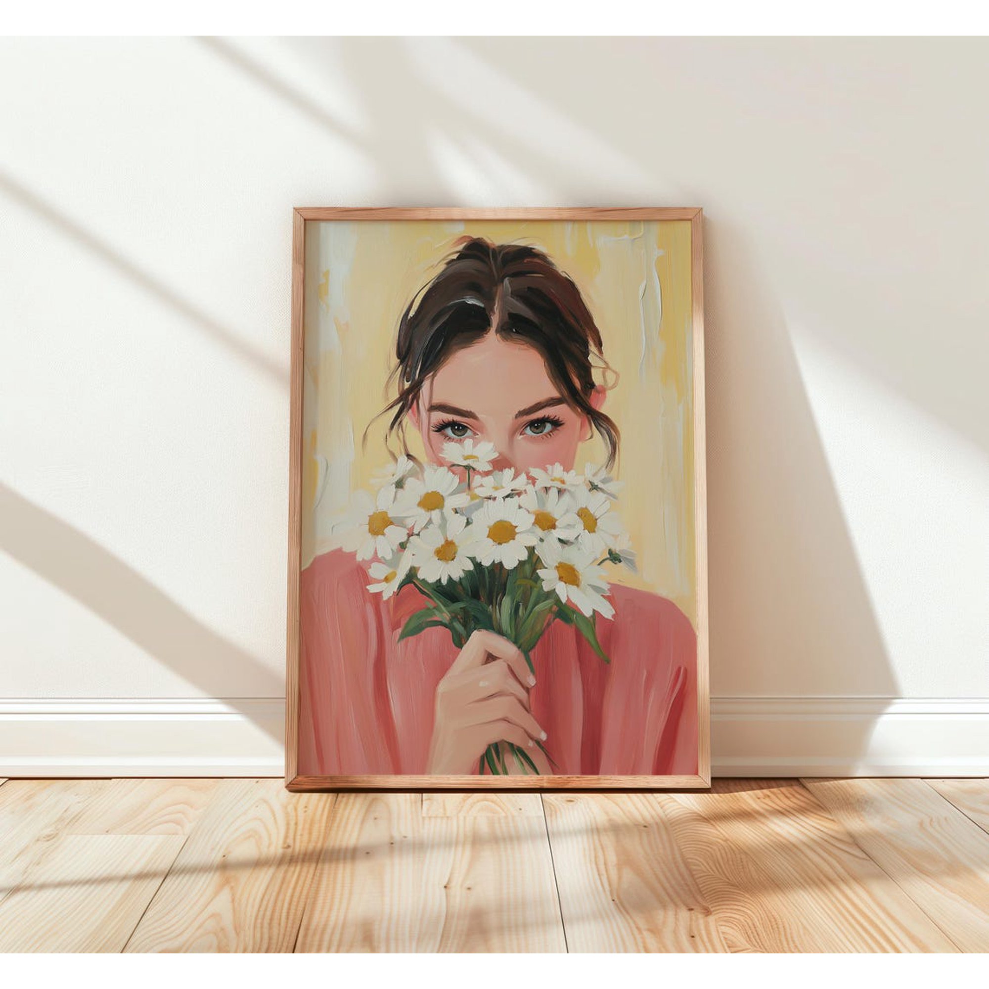 Woman Daisy Bouquet Wall Art Floral Decor Living Room Bedroom Office
