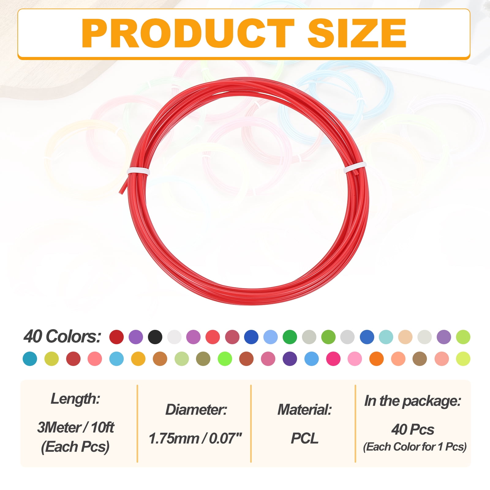 Uxcell 40 Colors 3D Pen Filament, 1.75mm Each 10FT, Total 400FT PCL Filament Refills Low Printing Temperature for 3D Drawing Pens