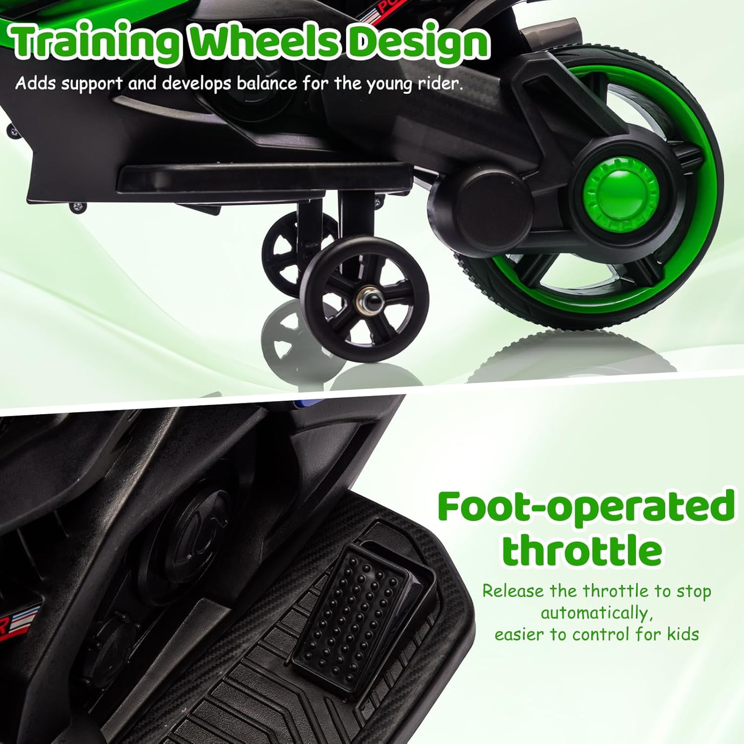 Trilenars 6V Motorcycle, Electric Ride On Car Toy with Training Wheels, Working Headlight, Horn & Music, Battery PoweRed Ride On Motorcycle Toy for Ages 3-6,Green