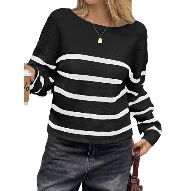 Suéter Corto de Cuello Redondo para Mujer, Larga, Tejido Grueso, Estilo Jersey, Ideal para Otoño y Negro S