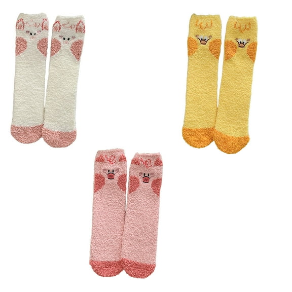AUQ 3Pairs Socks Animal-Pattern Fuzzy Socks for Cold Weather,Snuggly Long Socks for Winter Days,Style1