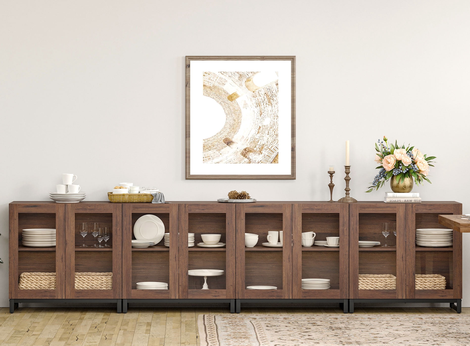 4 in 1 Sideboard Buffet with 8 Glass Doors & Adjustable Shelf, Modern Wood Grain Storage for Living Room, Kitchen,Brown