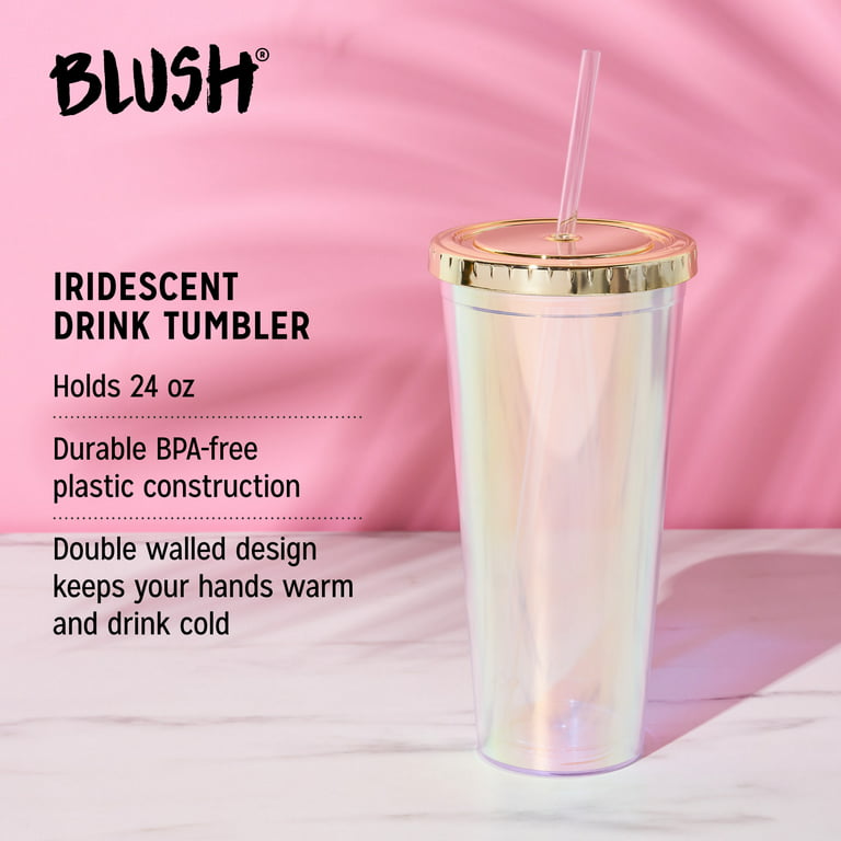 Blush Glam Silver Double Walled Glitter 24oz Tumbler | Reusable,  Leak-Proof, Travel, Clear Plastic, Slim, Iced Coffee Cup, Screw-On-Lid, and  Straw