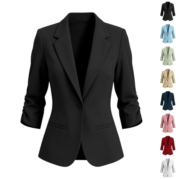 TGSLY Blazers for Women Lightweight Office Notched Lapel Ruched 3/4 Sleeve Suit Jacket Slim Fit Dressy Single Breasted Button Solid Color Coat with Pockets M