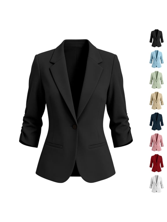 Blazers for Women Lightweight Office Notched Lapel Ruched 3/4 Sleeve Suit Jacket Slim Fit Dressy Single Breasted Button Solid Color Coat with Pockets XL