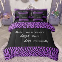 jejeloiu Zebra Striped Texture 7-Piece Bedding Comforter Set,Inspirational Quote King Bedding Sets,Purple Black Bed Sheets For Adults,Luxury Bedroom Decor Reversible