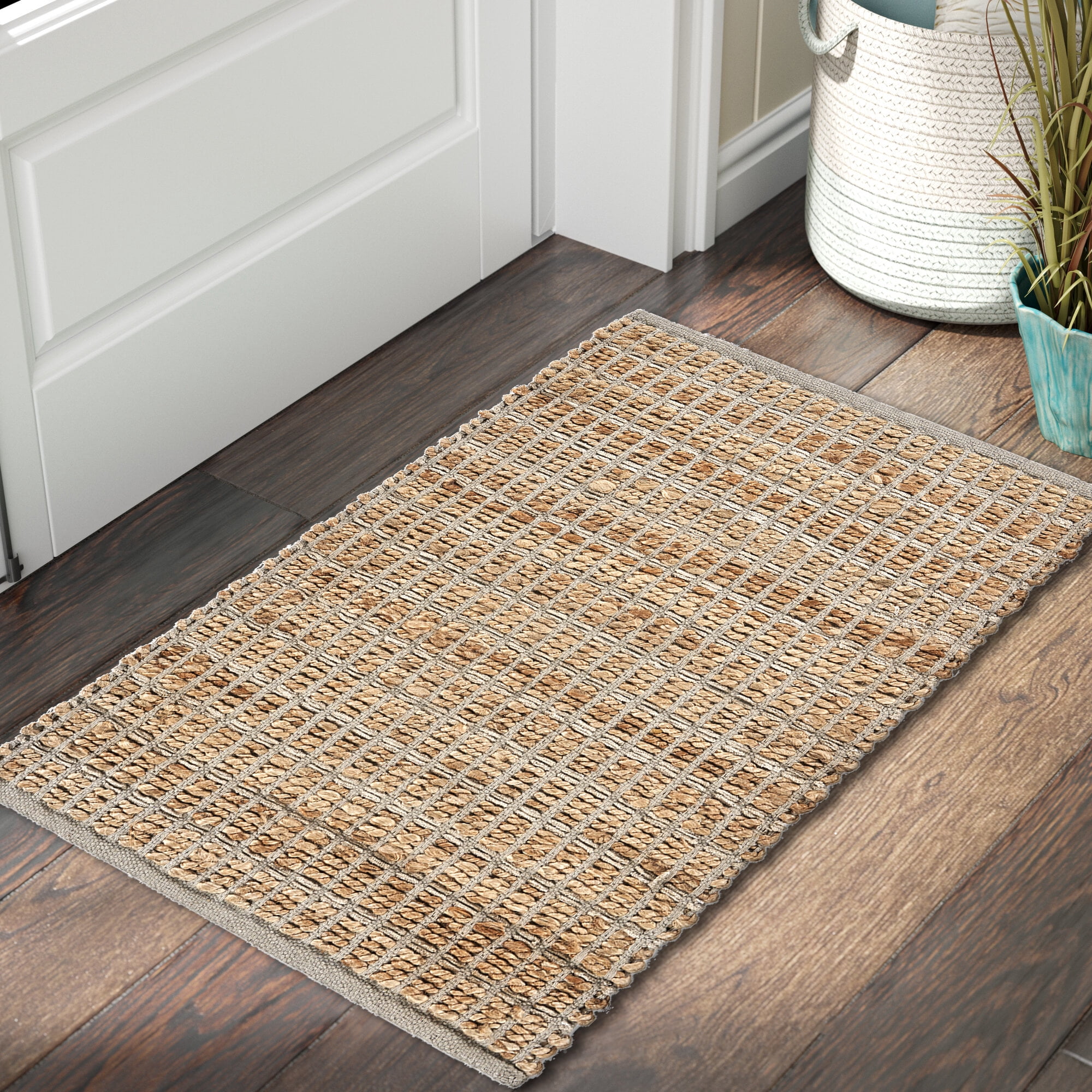 LR Home Natalie Jade Natural/Gray Grid Transitional Jute Blend Area Rug, 5' x 7'9"