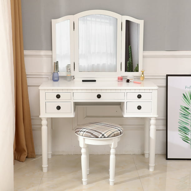 5 Drawers Modern Bedroom Vanity Table, Folding Mirror Vanity Table