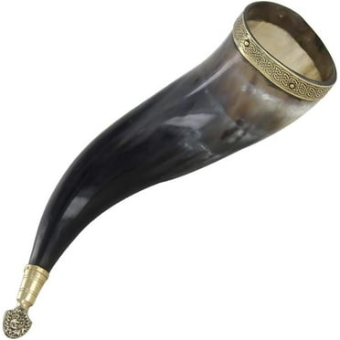 Armory Replicas Handmade Fully Functional Huginn Muninn Norse Bovine Drinking Horn with Hand Carved Brass Accents - Medieval Inspired Viking Mug
