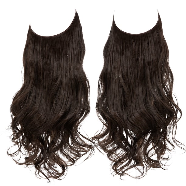 Nvzi Extensión de cabello invisible con hilo de pescar, fibra sintética larga ondulada y rizada, extensión de cabello ajustable estilo diadema, 18 pulgadas, marrón oscuro, 1 pieza, estilo A