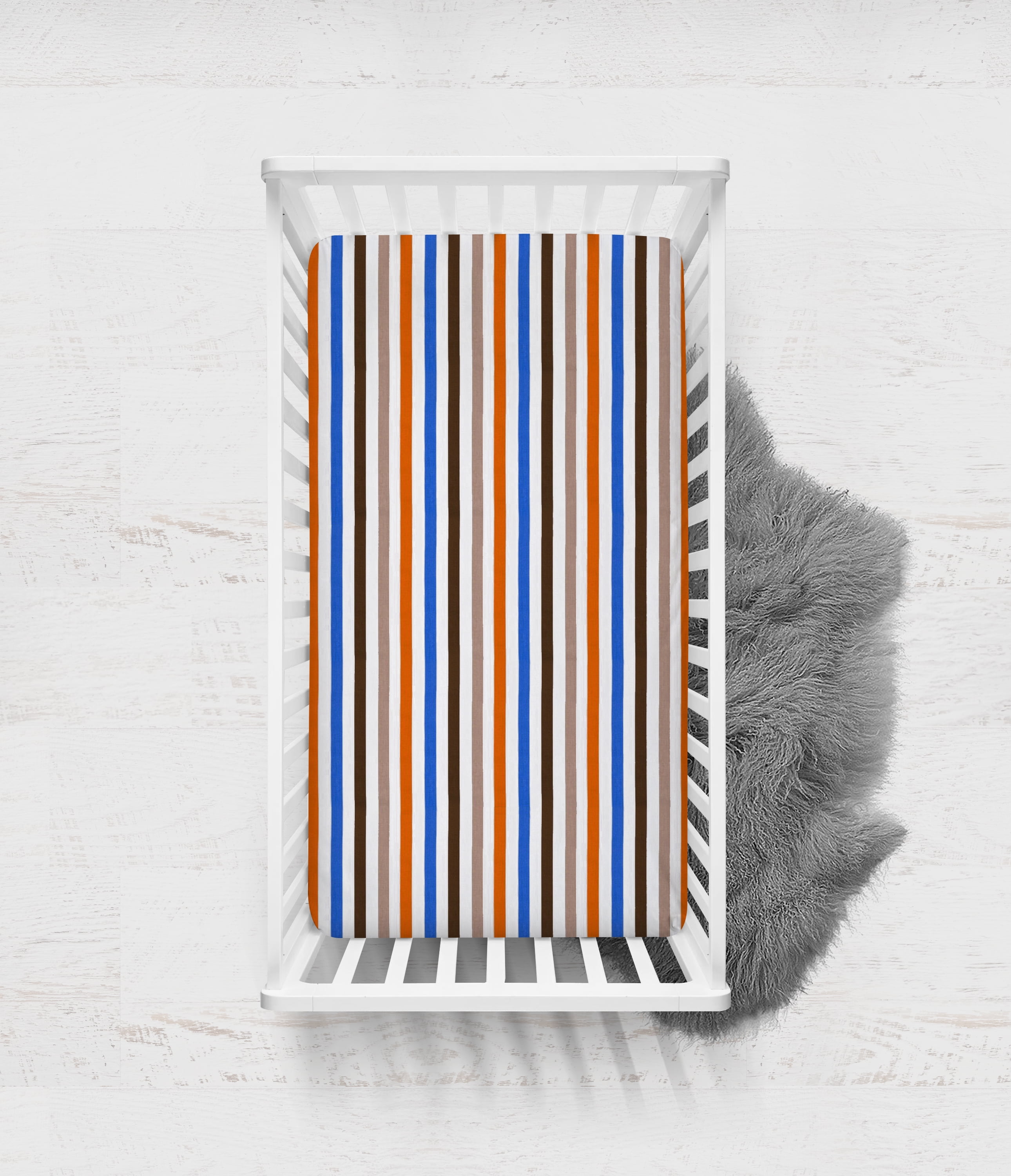 Bacati - Mod Stripes Crib/Toddler Bed Fitted Sheets 100% Cotton Percale, Blue/Orange/Choc, 2-Pack