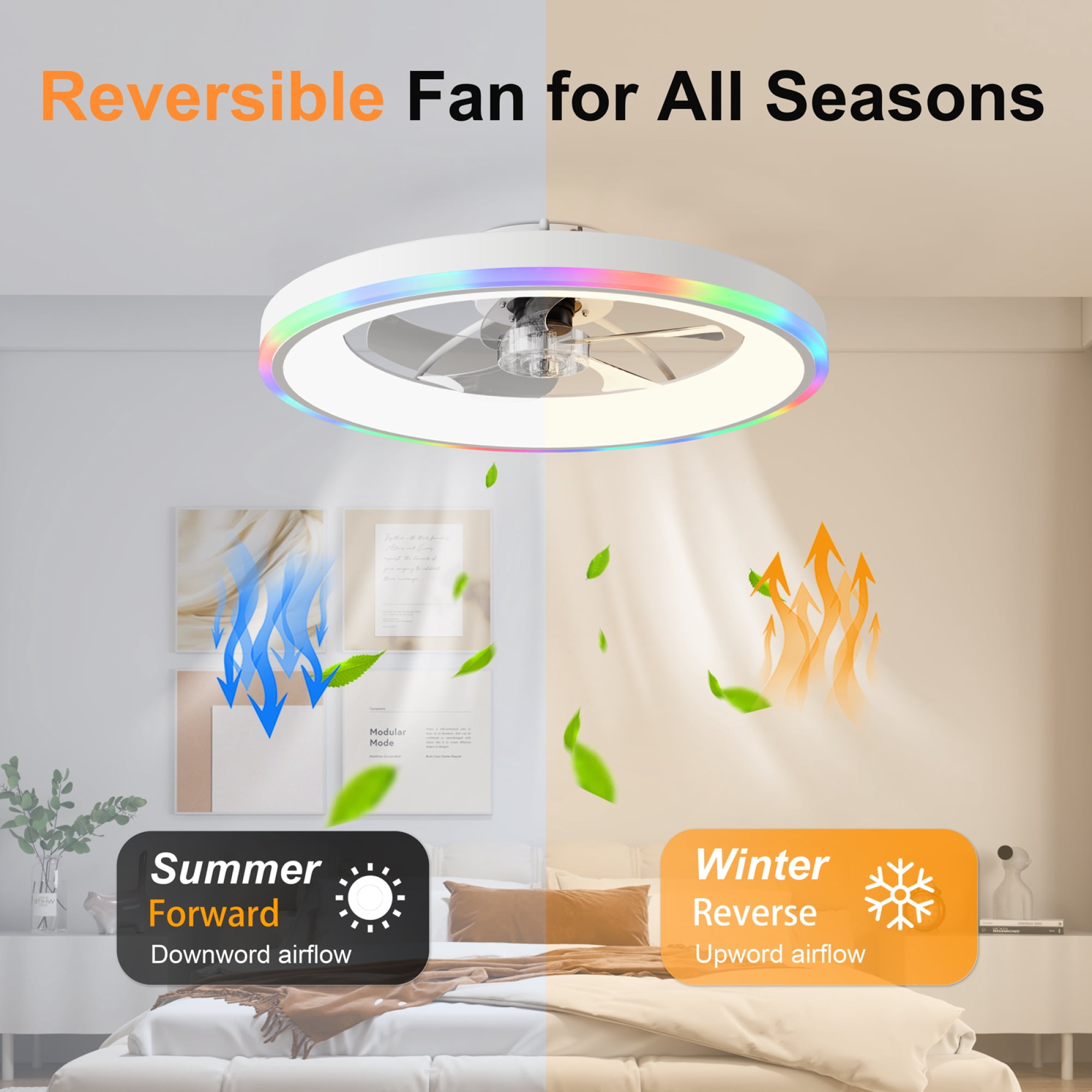 Leumius 23.6" Modern RGB Ceiling Fan with Lights, Flush Mount Low Profile Fan with Remote & APP, 6-Speed Reversible Silent DC Motor, Dimmable 3000-6500K LED for Bedroom Living Room White