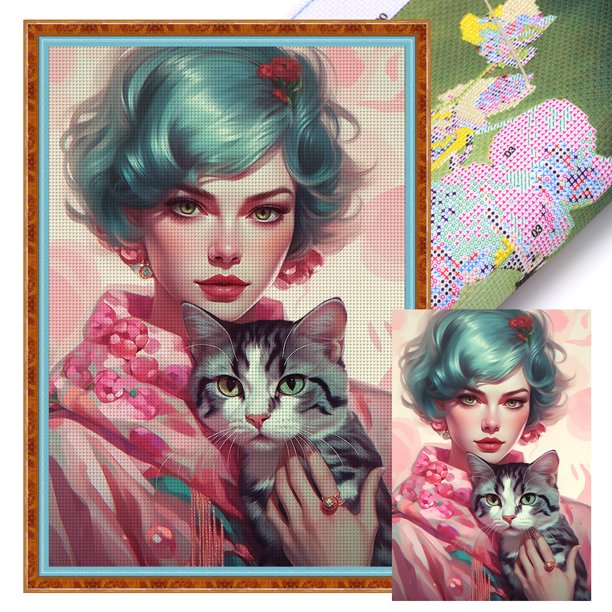 Punto Cruz Gato Y Mujer Pelo Corto Con Algodón Ecológico 11CT Bordado 40x60cm