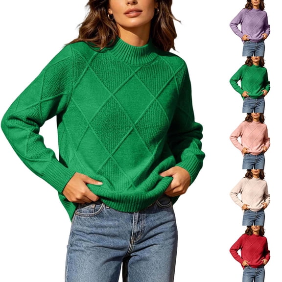 DYTTDG Women's Casual Mock Neck Sweater | Long Sleeve Argyle Knit Pullover Top, Relaxed Fit Solid Color Jumper for Daily Wear