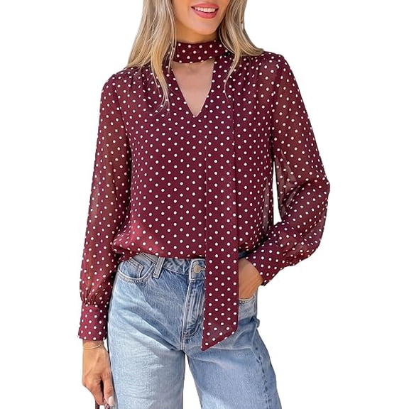 PRETTYGARDEN Women Chiffon Boho Blouses Dressy Casual Flowy Fall Tops, Long Sleeve V Neck Shirts with Tie, Elegant Date Night Outfit for Work Office, Going Out
