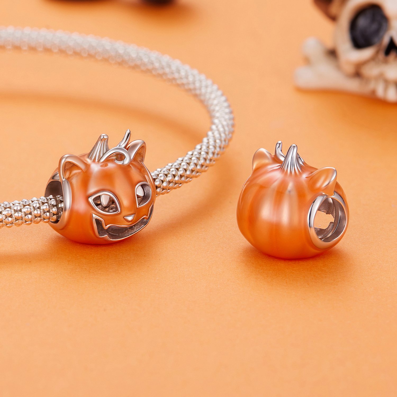 Halloween Luminous Pumpkin Cat Charm, Genuine 925 Sterling Silver Charm, Compatible with Most Charm Bracelet