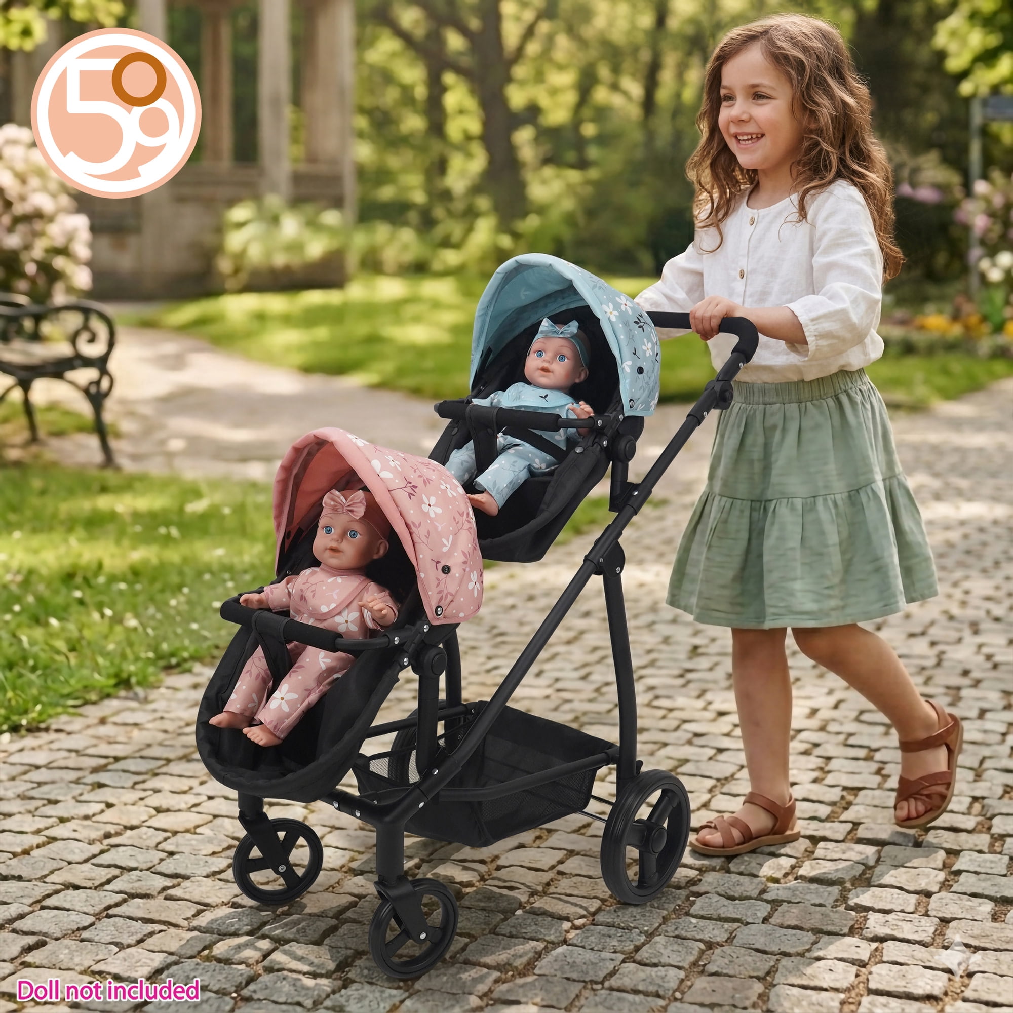 509 Crew: Springtime - Deluxe City Twin Doll Stroller - Black-Pink-Blue-Flowers, Converts To Jogger & Push Pram, Adjustable Doll Accessory Toy, Kid 3+