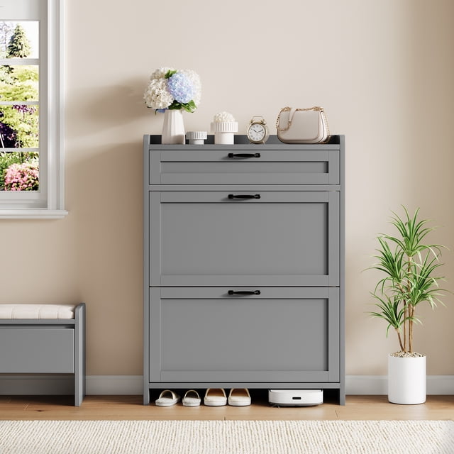 Organisateur d'Armoire à Chaussures Moderne - Rangement Caché avec 2 Tiroirs Rabattables - Étagère d'Entrée Autoportante Compacte - MDF avec Poignée en Métal