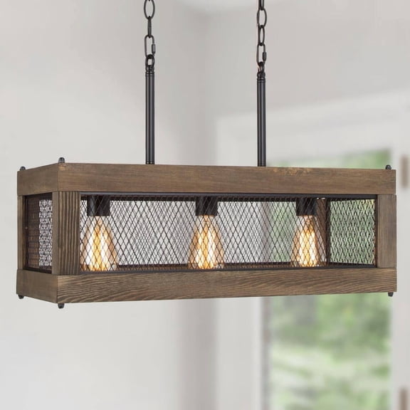 LNC Aerissera 3-Light Linear Island Light in Matte Black and Rustic Pine Finish