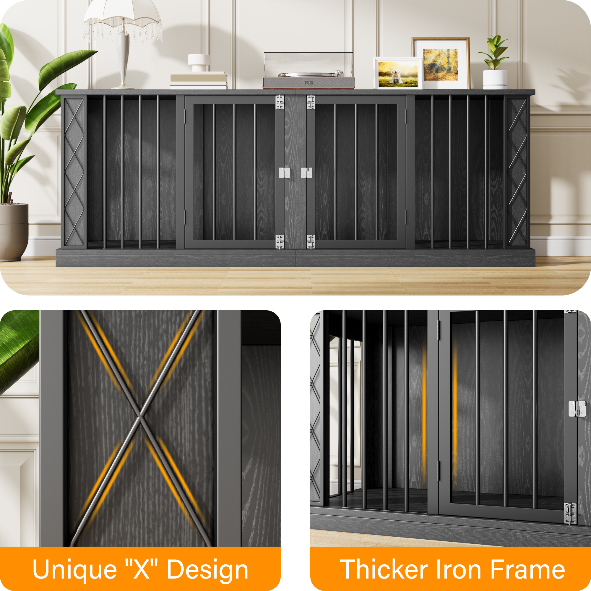 ModFurne 86.6" Dog Crate Furniture for Double Dogs, Heavy Duty Dog Cage Indoor for Small/Medium/Large Dogs, Dog Kennel Furniture Black