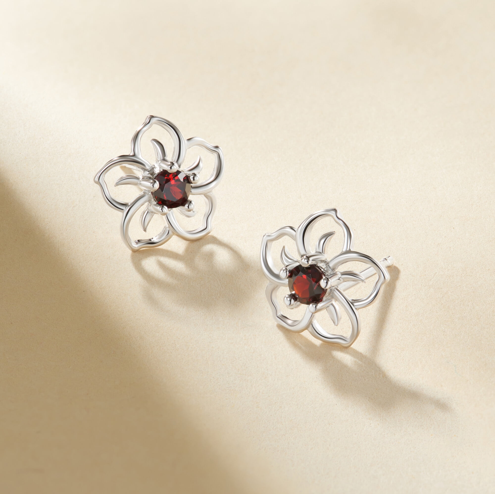 Forever Facets Genuine Garnet January Birthstone Floral Earrings in Sterling Silver, Adult Female