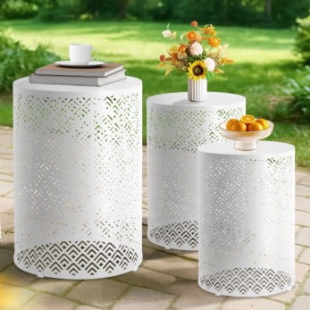 UBesGoo 3-Piece Interlocking Patio Table Set - 12/14/16 Inch Round Steel Frame, Indoor Outdoor Garden Furniture, White