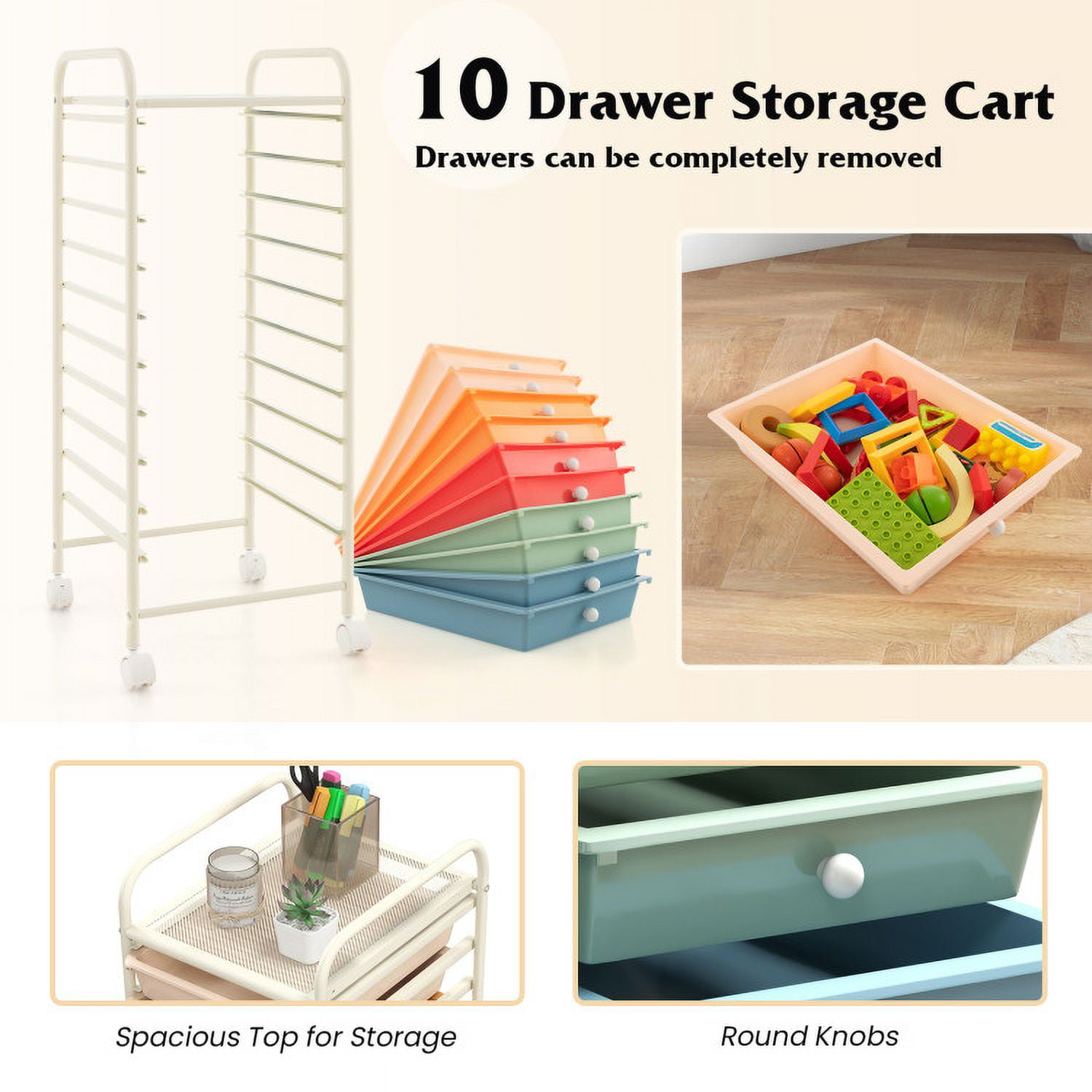Spaco 10 Drawer Rolling Storage Cart Organizer with 4 Universal Casters-Macaron Multicolor, Craft Organizers and Storage, Multipurpose Organizer Cart for Home, Office, School