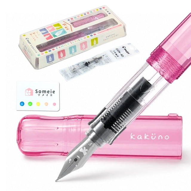 Pluma estilográfica Someie Kakuno rosa, punta fina, set recargable