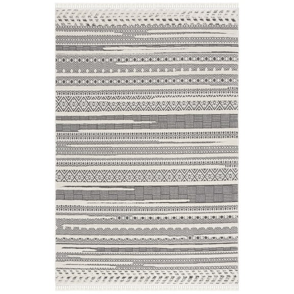 SAFAVIEH Urban Griselda High Low Striped with Fringe Area Rug, Grey/Ivory, 8' x 10'