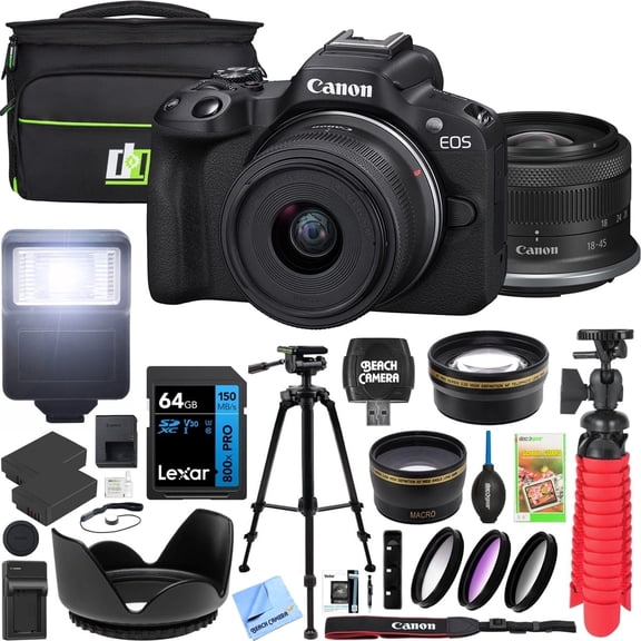 Canon EOS R50 Mirrorless Camera (Black) with RF-S 18-45mm F4.5-6.3 IS STM Lens 5811C012 Bundle with Deco Gear Photography Bag 2 Battery Tripod Filters Wide Angle & Telephoto Lenses & More