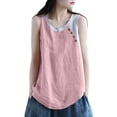 thumbnail image 3 of Women Casual Daily Shirts O Neck Sleeveless T Shirt Tee Vest Color Block Button Cotton And Llinen Loose Tank Tops Blouse, 3 of 7